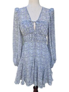 ASTR the Label Floral Mini Dress Light Blue Long Sleeve Cutout Smocked Back S